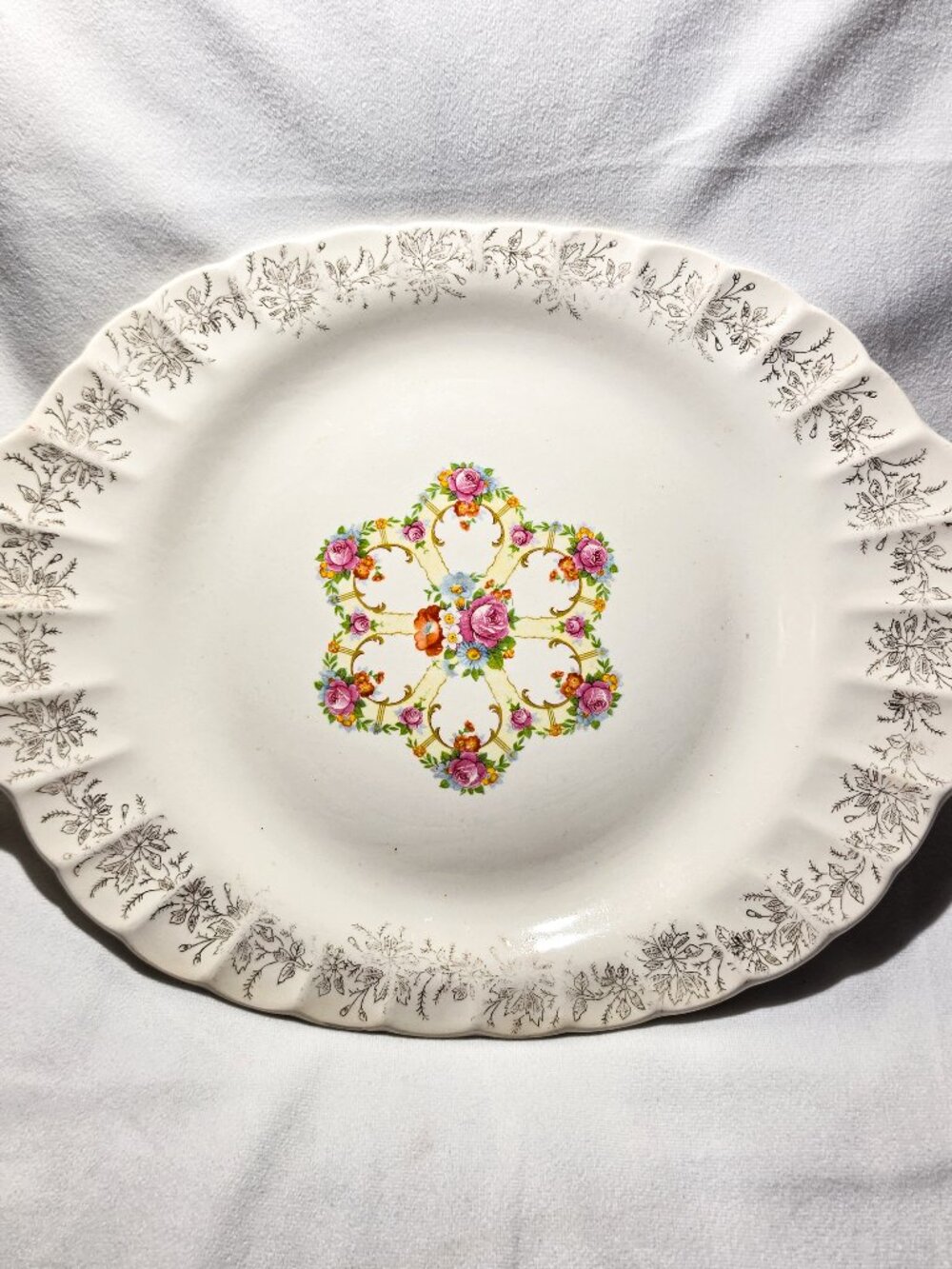 Vintage Franklin Ware Ivory China Platter 22K Gold Floral 12" Made in USA